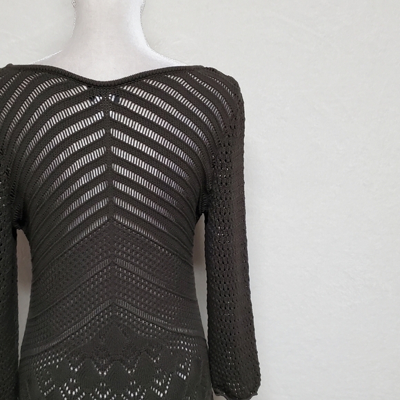 W by Worth Olive Green Open Crochet Knit Plunging Neckline Asymmetric Midi Dress - Picture 11 of 14